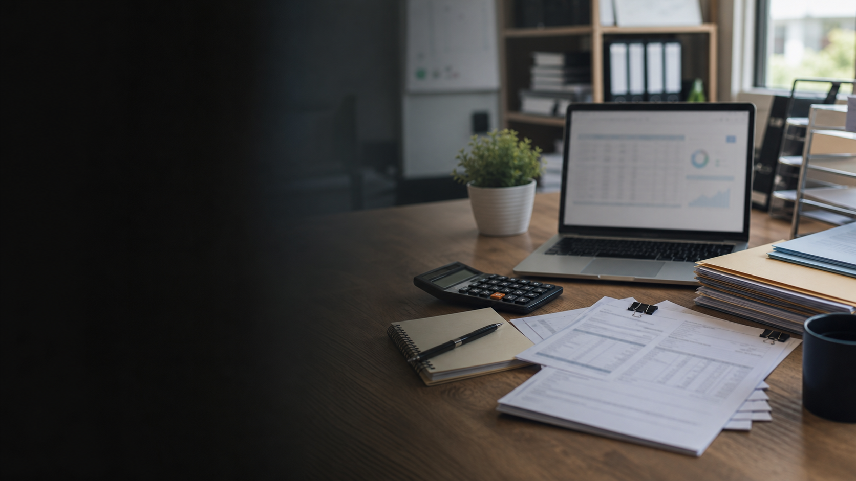 Organized SME back-office finance workspace with laptop, documents and office records